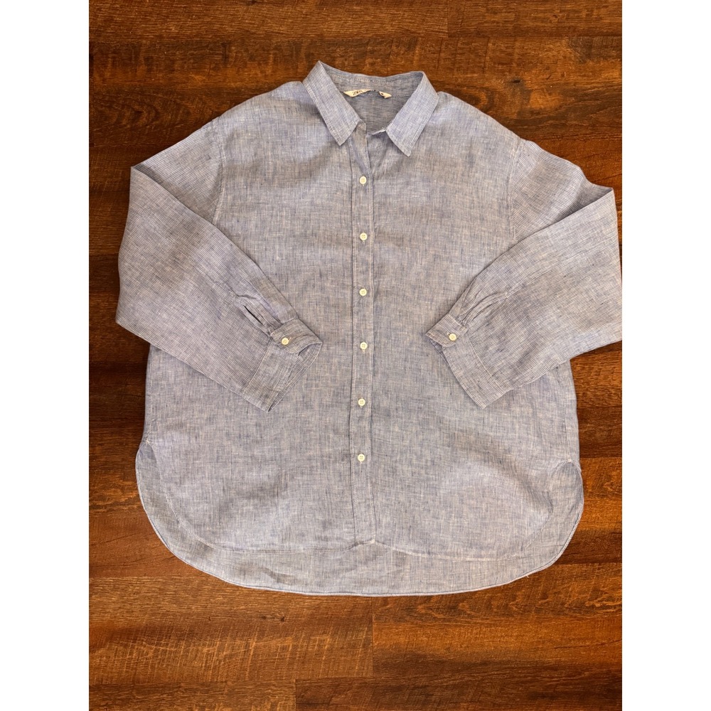 Zara Women's XL Blue Striped Linen Blend Oversized Button Down Shirt